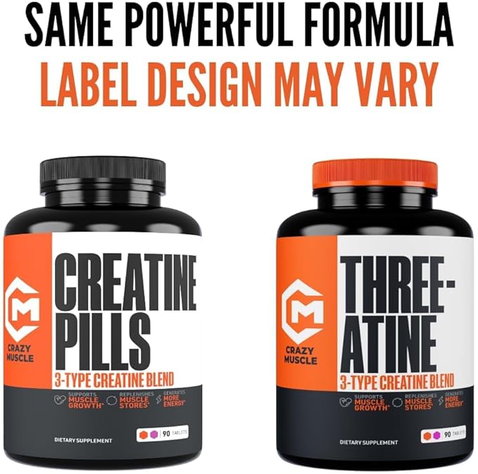 Crazy Muscle Creatine Pills 5g 3X Pure Creatine Monohydrate Pre Workout Muscle Mass Gainer High Absorption ThreeAtine Performance Men Women Tablets - 30 servings
