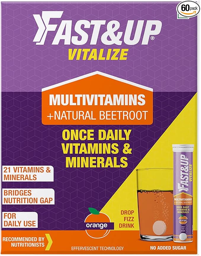 Fast &amp Up Vitalize Multivitamin Supplement - One Daily - 21 Vitamins and Minerals - Natural Beetroot Extract for Men and Women - 60 Effervescent Tablets - Orange Flavour
