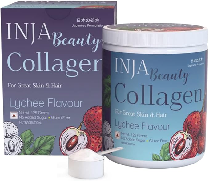 INJA Wellness Beauty Marine Collagen Supplement for Women Men Vitamin C Collagen with Japanese Formulation Healthy Joints Muscles Skin and Hair Sugar and Gluten Free Lychee Flavor 125gm