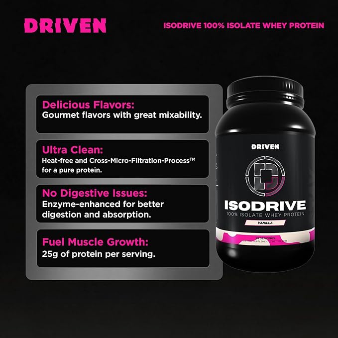 Driven Nutrition IsoDrive Whey Isolate Protein Powder 2lb (Vanilla) – 25g Protein Enzyme Enhanced for Absorption Ultra Clean