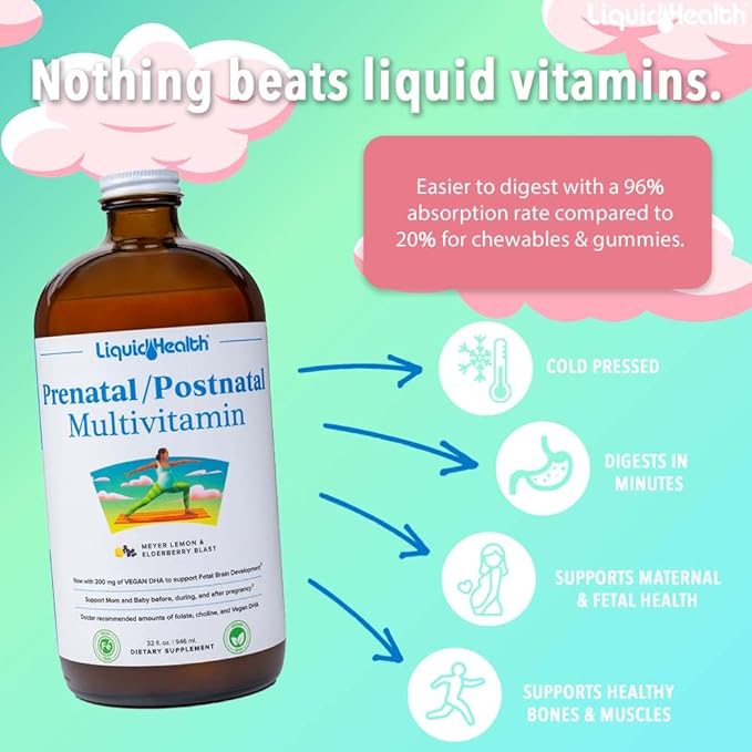 LIQUIDHEALTH Children's Complete Multivitamin &amp Women's Prenatal/Postnatal Liquid Multivitamin for Before During &amp After Pregnancy - Immune Support Health &amp Wellness for Moms &amp Kids