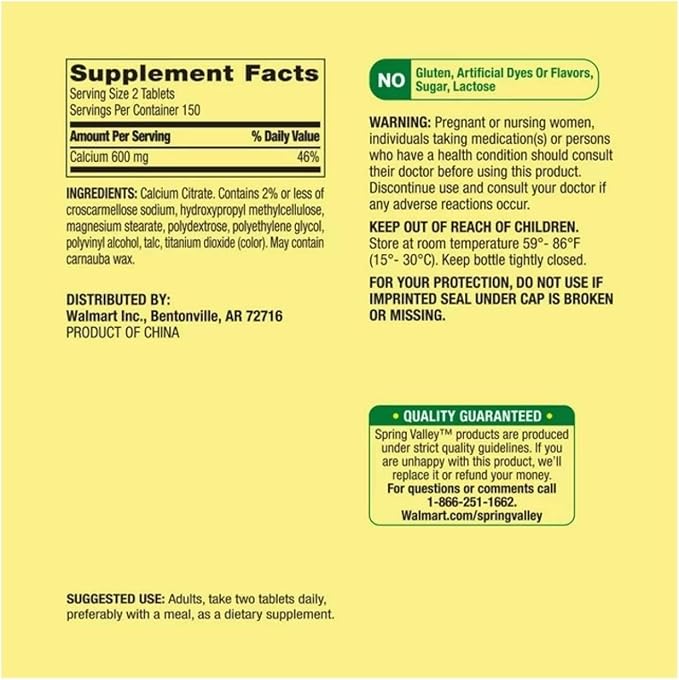 Spring Valley Calcium Citrate 600 mg 300 Tablets - Bone &amp Joint Health + STS Sticker.