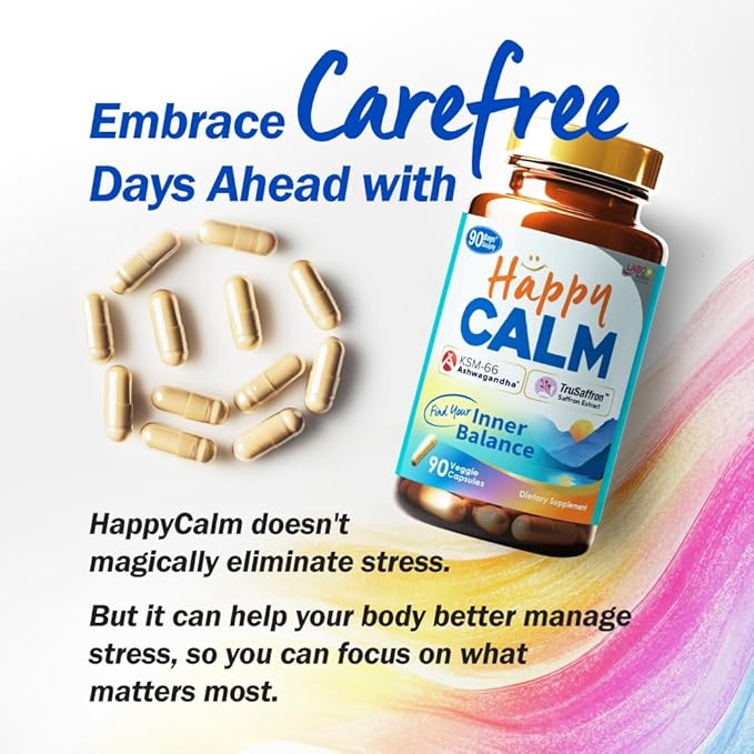 LABO Nutrition Happy Calm with KSM-66 Ashwagandha 5% Withanolides Saffron Extract and Black Pepper Extract for Stress Relief Energy Quality Sleep &amp Relaxation Non GMO 90 Veggie Capsules