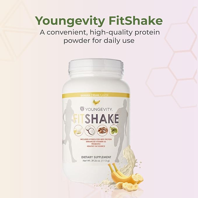 Youngevity FitShake™ Banana Cream | 20g Gut-Friendly Protein | Electrolytes Minerals Collagen Gelatin Vitamin D Probiotics and More | 30 Servings - 2.4 lbs