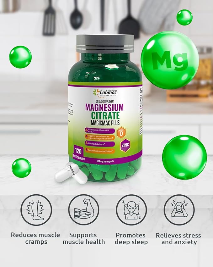 Magnesium Citrate 600mg 120 Capsules - 3-in-1 Magnesium Citrate Capsules with Vitamin D3 and Zinc Supplements - citrato de magnesio for Muscle Nerve Function Healthy Bones Teeth Fatigue/Tiredness