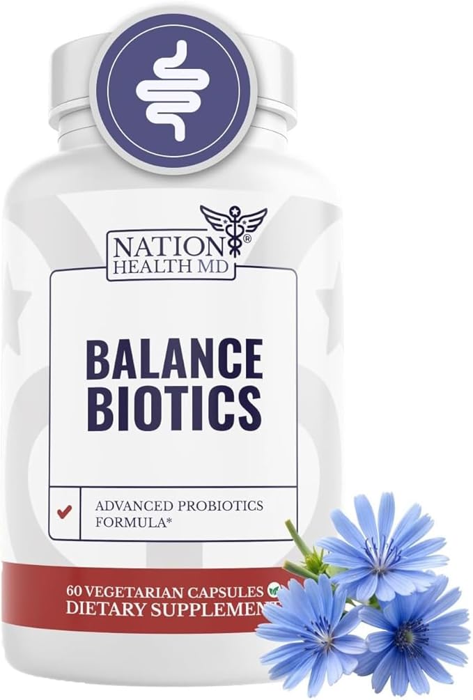 Balance Biotics - Raw Probiotics for Women &amp Men - Supports Digestive &amp Gut Health - with Chicory Root Jerusalem Artichokes &amp Probiotic Blend - Vegan Non-GMO - 60 Capsules
