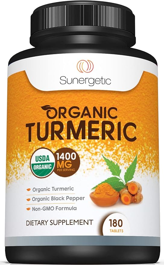 Sunergetic USDA Certified Organic Turmeric Supplement – Includes Organic Turmeric &amp Organic Black Pepper – 1400mg of Turmeric per Serving - 180 Count (Pack of 1)