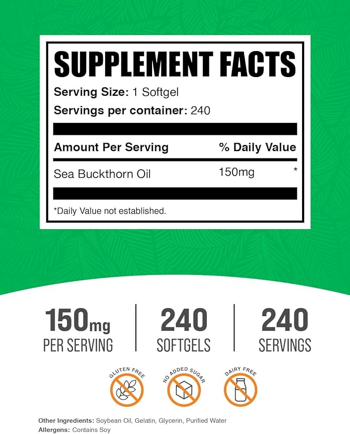 BulkSupplements.com Sea Buckthorn Oil Softgels - Sea Buckthorn Oil Supplement Omega-7 Supplement - Gluten Free 1 Softgel (150mg) per Serving 240 Softgels (Pack of 1)