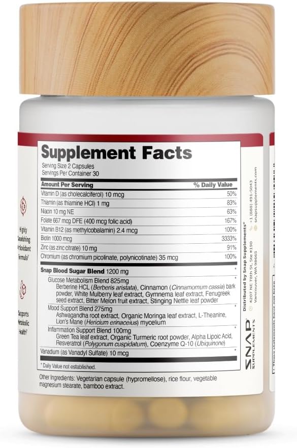 Snap Supplements Blood Sugar Blend with Berberine CoQ10 Cinnamon and Gymnema to Support Already Healthy Blood Sugar Metabolic Health and Energy Sugar Free 60 Capsules 3-Pack (Packaging May Vary)