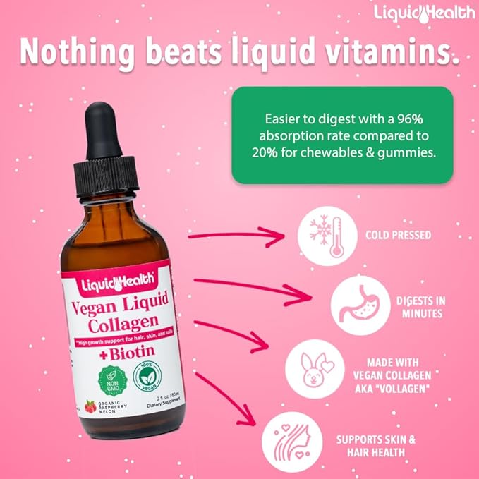 LIQUIDHEALTH Vegan Liquid Collagen Plus Biotin Drops &amp Complete Multiple Adult Daily Multivitamin Wellness Bundle - Hair &amp Nail Growth Skin Health Immune &amp Energy Support - USA Made Veg