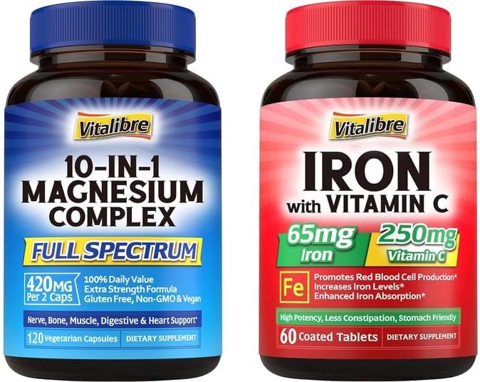 Iron Supplement with Vitamins C for Iron Deficiency &amp Magnesium Complex 10 in 1 for Magnesium Deficiency