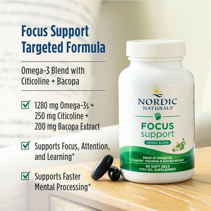 Nordic Naturals Omega Focus Lemon - 60 Soft Gels - 1280 mg Omega-3 + Citicoline &amp Bacopa Monnieri Extract - Focus Attention Memory Brain Health - Non-GMO - 30 Servings