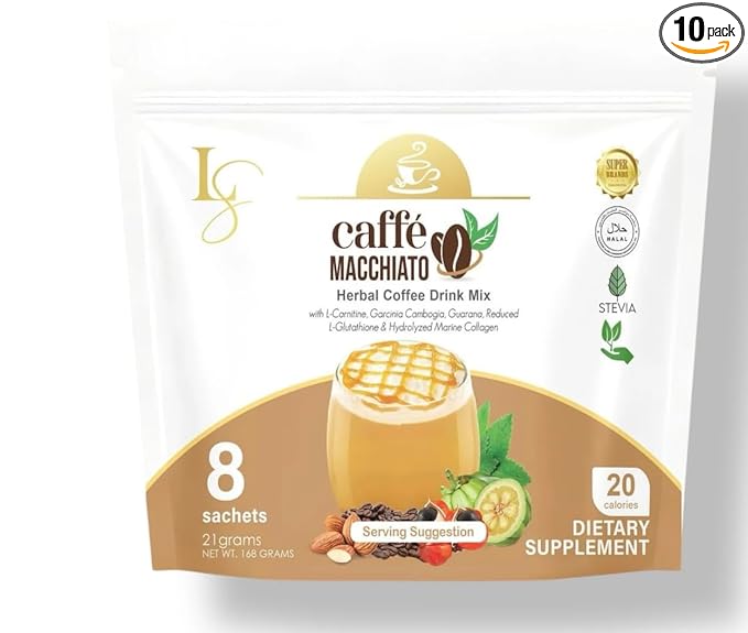 Luxe Slim Cafe Macchiato with Hydrolyzed Collagen &amp Glutathione 21g x 10 Sachets 0.74 Ounce (Pack of 8) New Packaging