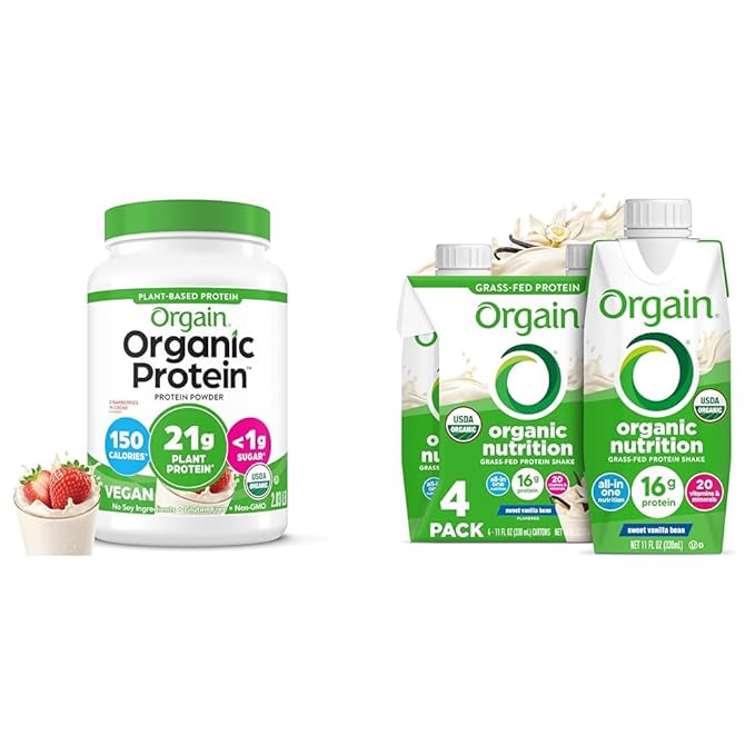 Orgain Organic Vegan Protein Powder Strawberries &amp Cream - 21g Plant Based Protein 2.03 lb Organic Nutritional Shake Vanilla Bean 4 Count (Packaging May Vary)