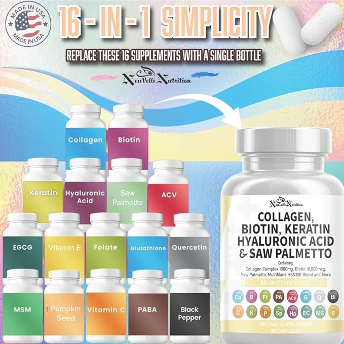 16 in 1 Collagen Supplement - Peptides Types IIIIII &amp V with Biotin Keratin Hyaluronic Acid Saw Palmetto Vitamins C &amp E Apple Cider Vinegar &amp PABA - Nail Skin &amp Hair Health Supp