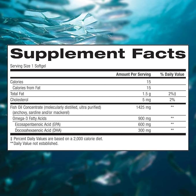 Non GMO Triple Strength Omega-3 900 mg. Total Fish Oil Concentrate 1425 mg - 200 Clear Enteric Softgels