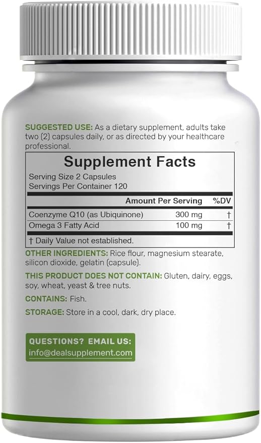 DEAL SUPPLEMENT CoQ10 300mg with Omega 3 100mg 240 Capsules | Bioavailable Coenzyme Q10 Formula | Supports Heart Energy &amp Brain Health | Antioxidant Support | Non-GMO