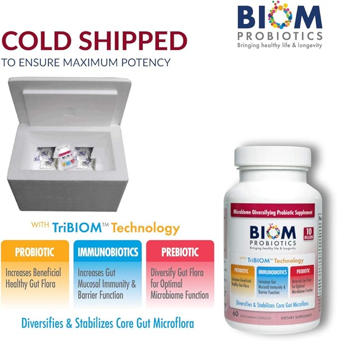 Biom Probiotics 3-in-1 Formula (Cold Shipped) with 10 Billion Flora Probiotics Prebiotics and Immunobiotics for Healthy Life &amp Longevity - Diversifies Gut Microflora and Microbiome - for Men &amp