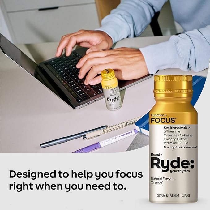 Ryde: Focus Shot | Orange Flavor | L-Theanine &amp Ginseng | Green Tea Caffeine | Vitamins B2 &amp B7 | 0 Calories 0 Sugar | 2 FL OZ Shots | Supports Focus* (24 Pack)