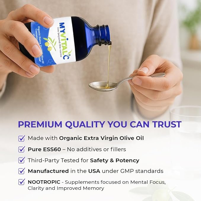 MyVitalC Organic Extra Virgin Olive Oil - Pure ESS60 Antioxidant Supplement - for Anti-Aging Oxidation Longevity Sleep More Energy - 120ML