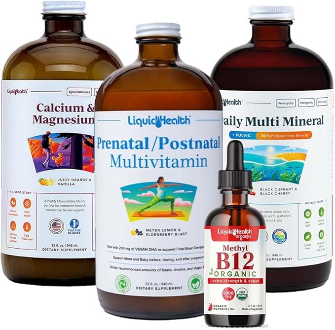 LIQUIDHEALTH Women's Health &amp Vitality Daily Liquid Multivitamin Bundle with Prenatal/Postnatal Multivitamin Calcium &amp Magnesium Daily Multi Mineral &amp Organic Vitamin B12 Drops - USA Ma
