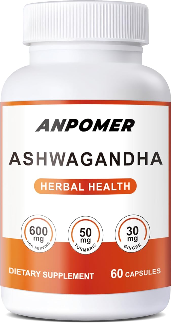 ANPOMER Organic Ashwagandha Supplement - with Turmeric Ginger &amp Black Pepper - 600mg Root Extract for Daily Stress Support &amp Energy Balance - 60 Vegan Capsules