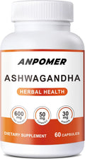 ANPOMER Organic Ashwagandha Supplement - with Turmeric Ginger &amp Black Pepper - 600mg Root Extract for Daily Stress Support &amp Energy Balance - 60 Vegan Capsules