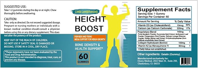 Height Boost Bone Growth Gummies for Kids &amp Teens – Natural Growth Support with Calcium Vitamin D3 K2 Collagen Hydrolysate &amp Herbal Blend – Bone Strength &amp Height Supplement – 60 Gummie