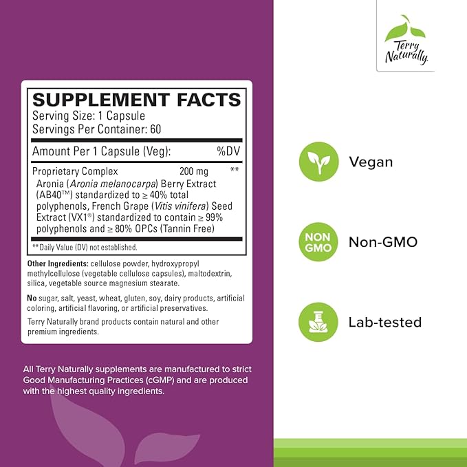 Terry Naturally Aronia Berry Complex - Antioxidant Support Supplement with Grape Seed Extract - Dietary Supplement Formula to Support Healthy Heart Function - 60 Capsules (60 Servings)