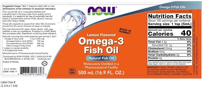 Now SupplementsOmega-3 Fish Oil LiquidMolecularly DistilledLemon Flavored16.9-Ounce(Pack of 2)