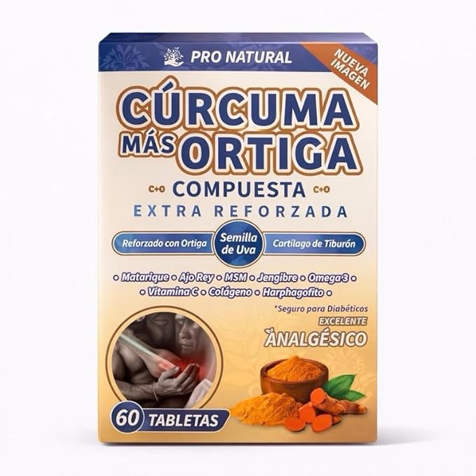 Cúrcuma Más Ortiga Extra Reforzada Turmeric and Nettle Compound with Grape Seed MSM Ginger and Vitamin C 60 Tablets