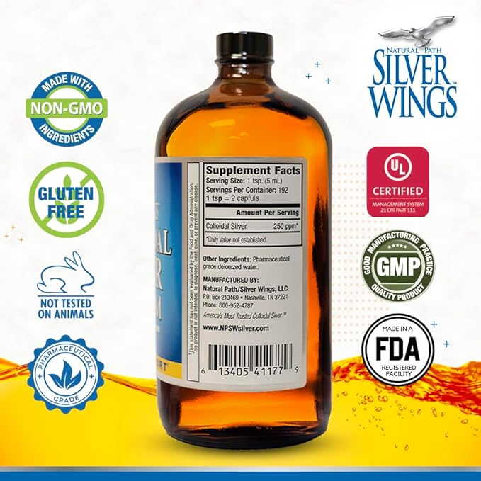 Natural Path Silver Wings Colloidal Silver Liquid - Enhanced Immune Support Supplement - 250ppm (1250mcg) - 32oz