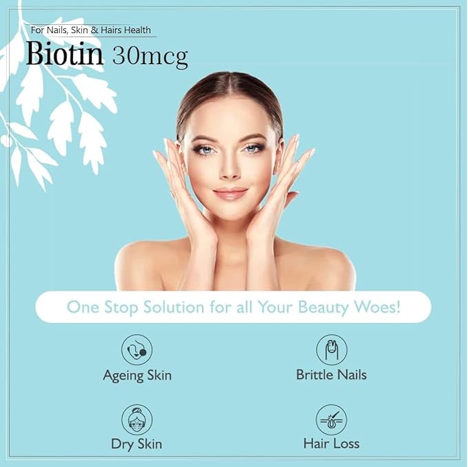 Biotin 30mcg Supplement for Hair Growth Strong Hair and Glowing Skin Fights Nail Brittleness 90 Tablets