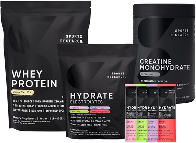 Sports Research Creamy Vanilla Whey Protein (63 Servings) Variety Hydrate Electrolytes with Vitamins &amp Minerals (16 Packets) and Creatine Monohydrate (100 Servings)