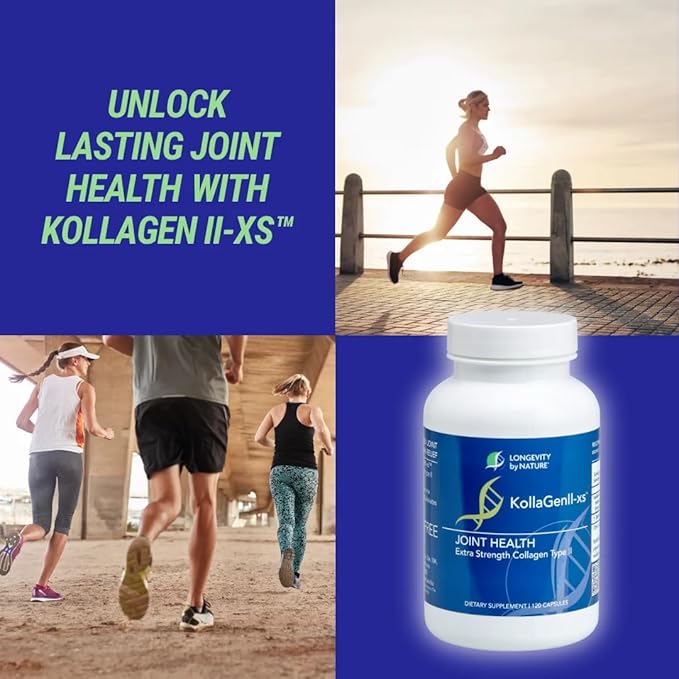 Longevity by Nature Extra Strength KollaGen II-XS- Collagen Type II with Hyaluronic Acid Chondroitin and Glucosamine – Joint Support 120 Capsules.