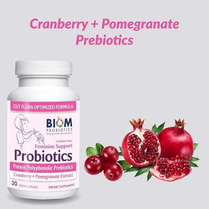Biom Complete Feminine Balance Women's Daily Probiotics + Prebiotics with Organic Cranberry &amp Pomegranate with Lactobacillus crispatus Gluten &amp Dairy-Free. 30 Servings