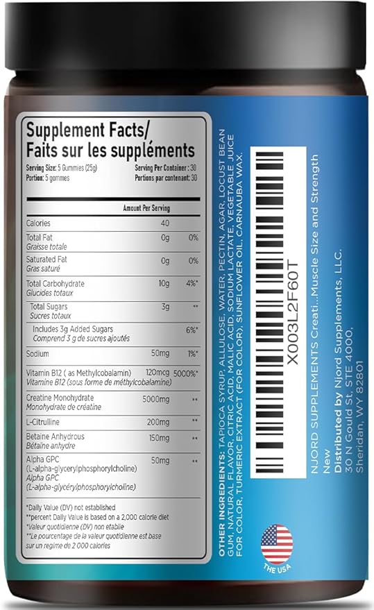 Creatine Monohydrate Gummy Candy Low Sugar 30 Servings 5g of Creatine Per Serving Vegan Gluten-Free Bodybuilding Recovery Supplement to Increase Muscle Size and Strength