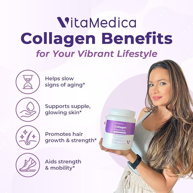 VitaMedica Collagen Peptides Powder for Women &amp Men - Healthy Hair Skin Nails Bones and Joints - Hydrolyzed Types I &amp III Grass-Fed Pasture-Raised Protein Zero Sugar - 30 Servings