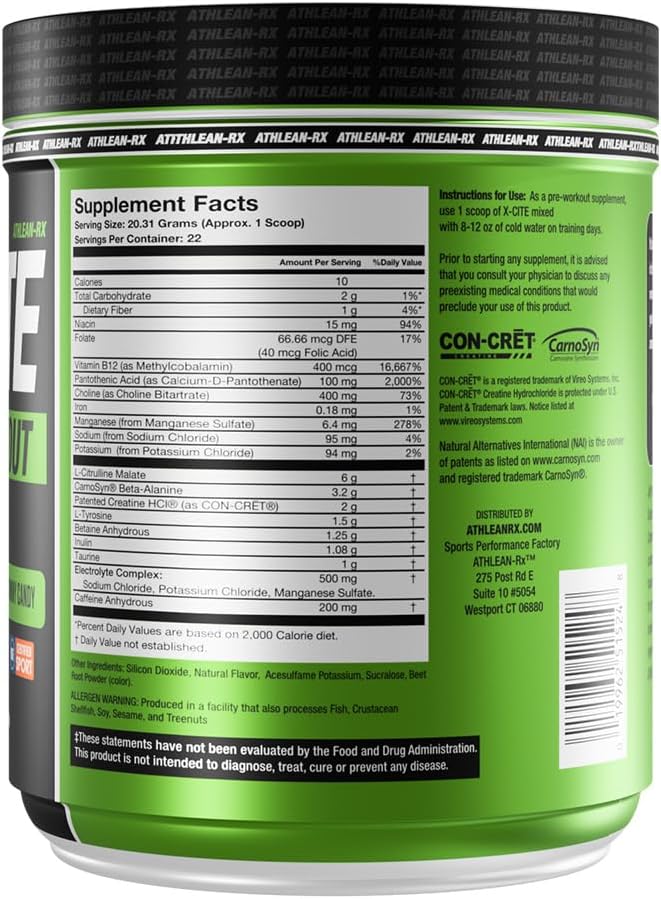 X-CITE Pre-Workout by ATHLEAN-X - Enhanced Formula with Beta-Alanine Creatine &amp Caffeine for Ultimate Energy Endurance Focus &amp Muscle Pump NSF Certified for Sports (Sour Gummy Bear)