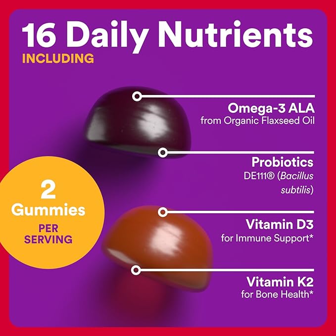 SmartyPants Organic Toddler Multivitamin Gummies: ProbioticsOmega 3 (ALA)Vitamin D3CVitamin B12B6AK&ampZincBeta CaroteneGluten FreeThree Fruit Flavors (30 Day Supply)60 Count (Pack of 2)