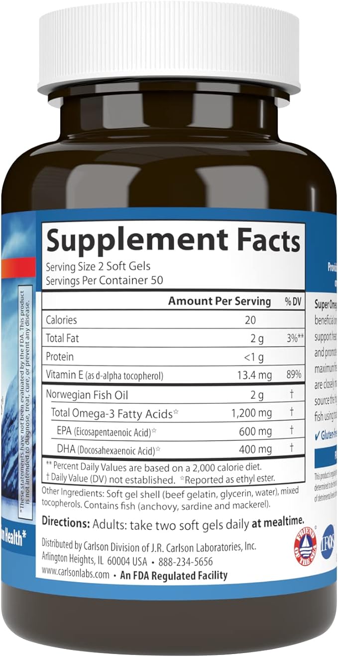 Carlson Super Omega-3 Gems Norwegian 1200 mg Omega-3s 100 Soft Gels
