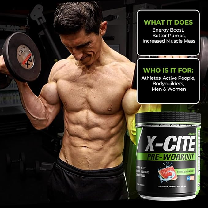 ATHLEAN-X X-CITE Pre-Workout Supplement - Boost Energy Endurance and Focus with Natural Ingredients - Jolly Watermelon Pucker