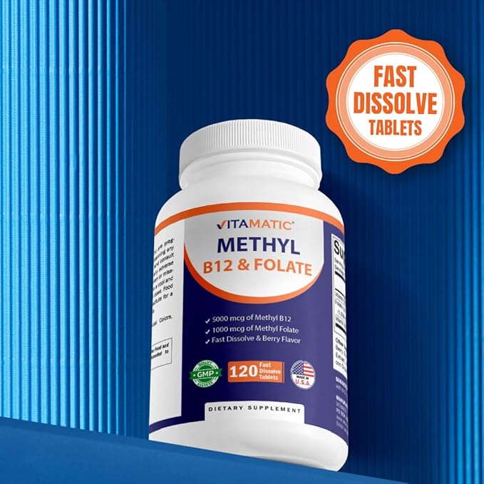 Vitamatic Methyl Folate &amp B12 Supplement with Pyridoxal 5 Phosphate (P-5-P) - Promotes Cardiovascular Health &amp Energy Metabolism - 120 Fast Dissolve Tablets - Non GMO &amp Gluten Free-2 Pack