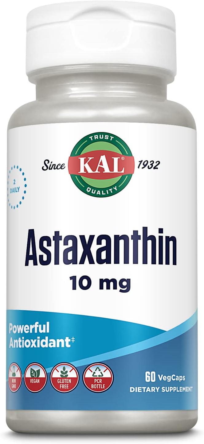 KAL Astaxanthin 10mg Powerful Antioxidants Supplement Eye Health and Brain Supplement From Natural Plant Source Non-GMO Vegan Gluten Free 30 Servings 60 VegCaps