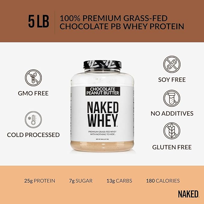 NAKED Whey Chocolate Peanut Butter Protein Powder (52 Servings) + Pure Micronized Creatine Monohydrate 500g (100 Servings) Bundle – Grass-Fed Non-GMO Gluten Free Soy Free