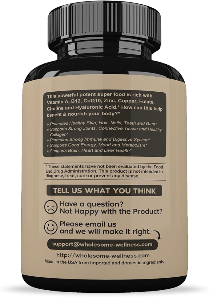 Wholesome Wellness Grass Fed Desiccated Beef Liver Capsules (180 Pills 750mg Each) - Natural Iron Vitamin A B12 for Energy - Raised Undefatted in New Zealand Without Hormones or Chemicals