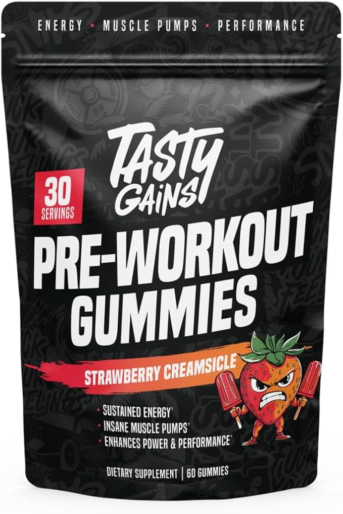 TASTY GAINS - Pre-Workout Gummies – Energy &amp Focus Boost Caffeine Gummies for Men &amp Women 200mg of Caffeine Fat-Burning Preworkout for Strength &amp Endurance (60 Strawberry Creamsicle)