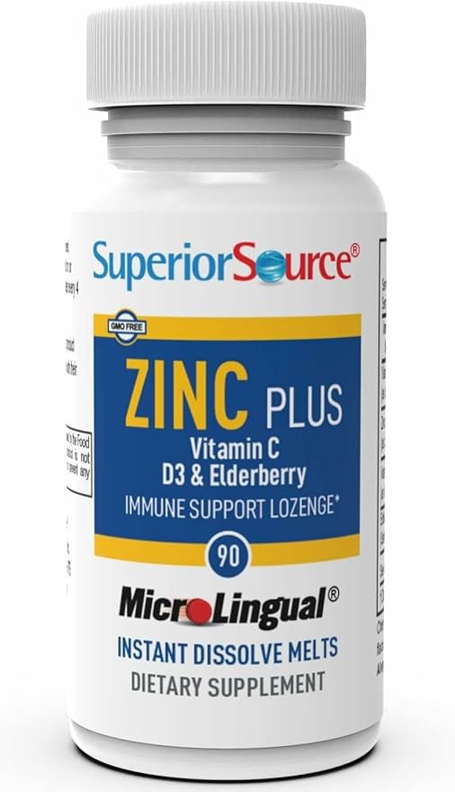 Superior Source Zinc Plus - Immune System Health Support Supplement - Vitamin C Elderberry &amp Vitamin D3-90 Instant Dissolve Tablets (Pack of 2)