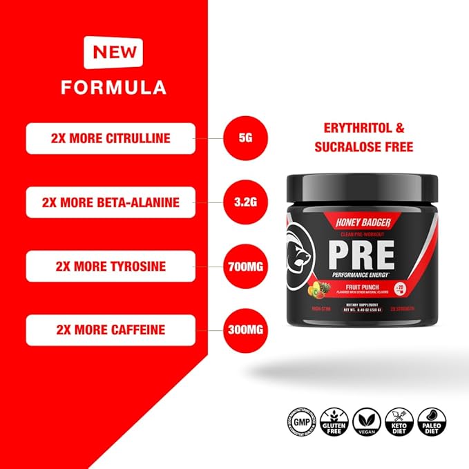 Honey Badger Pre Workout Powder Keto Vegan Preworkout for Men &amp Women Beta Alanine &amp Caffeine Sugar Free Natural Energy Supplement Fruit Punch (High-Stim)