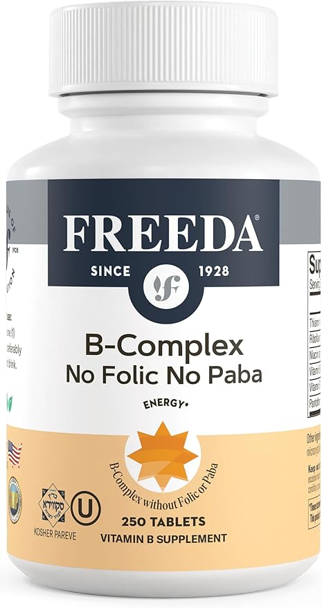 Freeda Vitamin B Complex No Folic No PABA - Super B Complex Kosher Vitamin Supplement with Vitamin B1 Vitamin B2 Vitamin B3 Vitamin B5 Vitamin B6 Vitamin B12 - Vit B Complex B for Women &amp Men (250